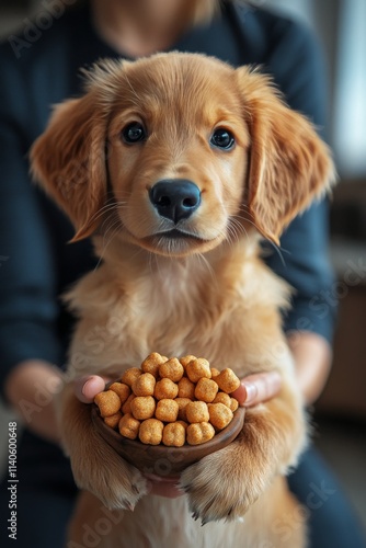 Puppy looks up curiously with bright eyes in cozy indoor setting during late ...