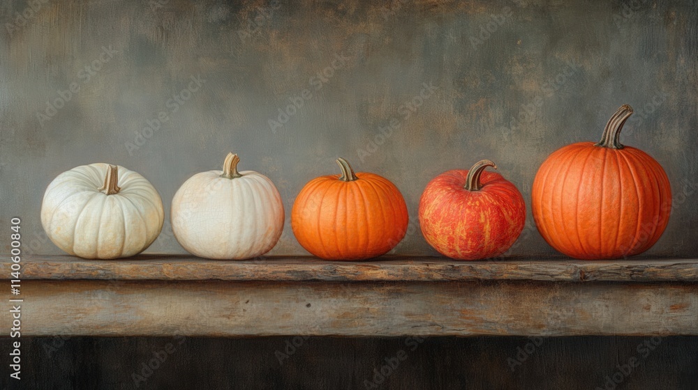 five pumpkins lined up on a wooden shelf five pumpkins lined up on a wooden shelf