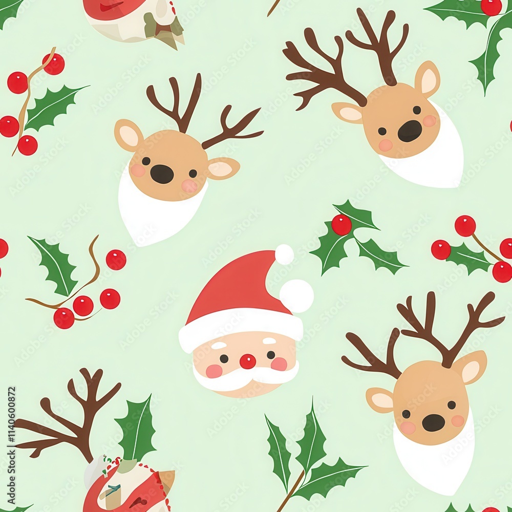 Gift wrap and christmas of Festive Christmas pattern with Santa, reindeer, and holly leaves on a mint green background. Gift wrap and christmas of Festive Christmas pattern with Santa, reindeer, and holly leaves on a mint green background.