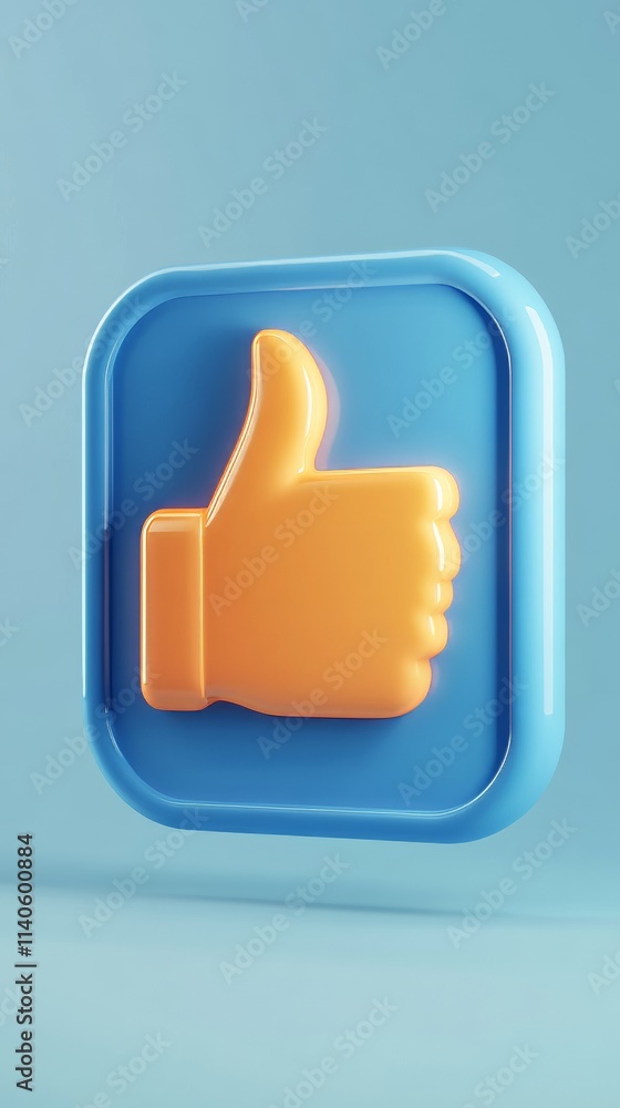 Orange thumb up symbol floating on blue background representing positive feedback Orange thumb up symbol floating on blue background representing positive feedback