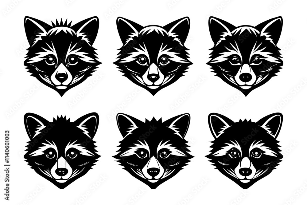 Fototapeta premium 6 different styles of raccoon heads vector silhouette
