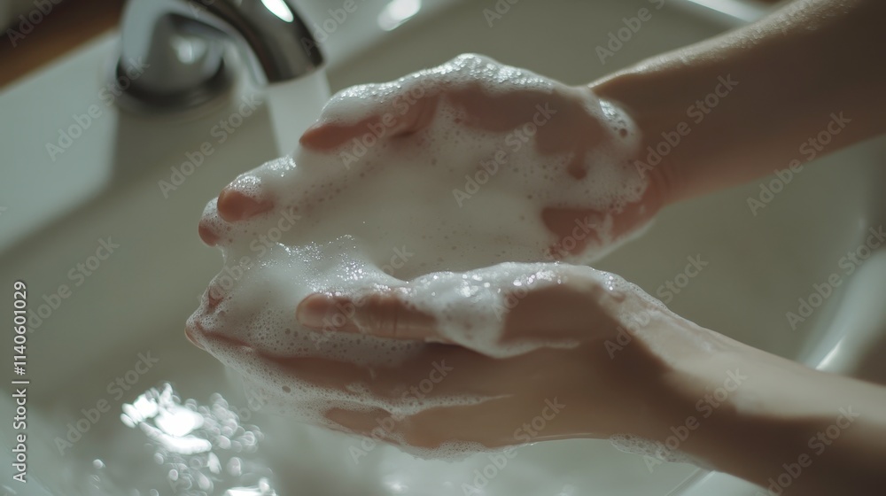 Fototapeta premium Hands with Soap in a Sink Water Scene