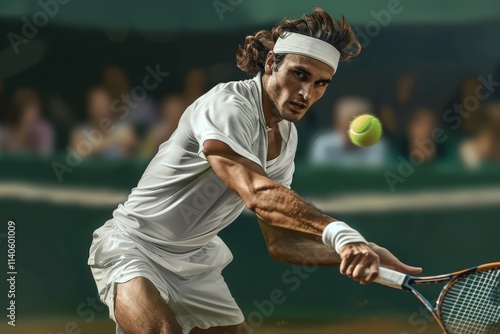 Dynamic tennis player performs a powerful backhand stroke on a clay court during an intense match in a vibrant setting