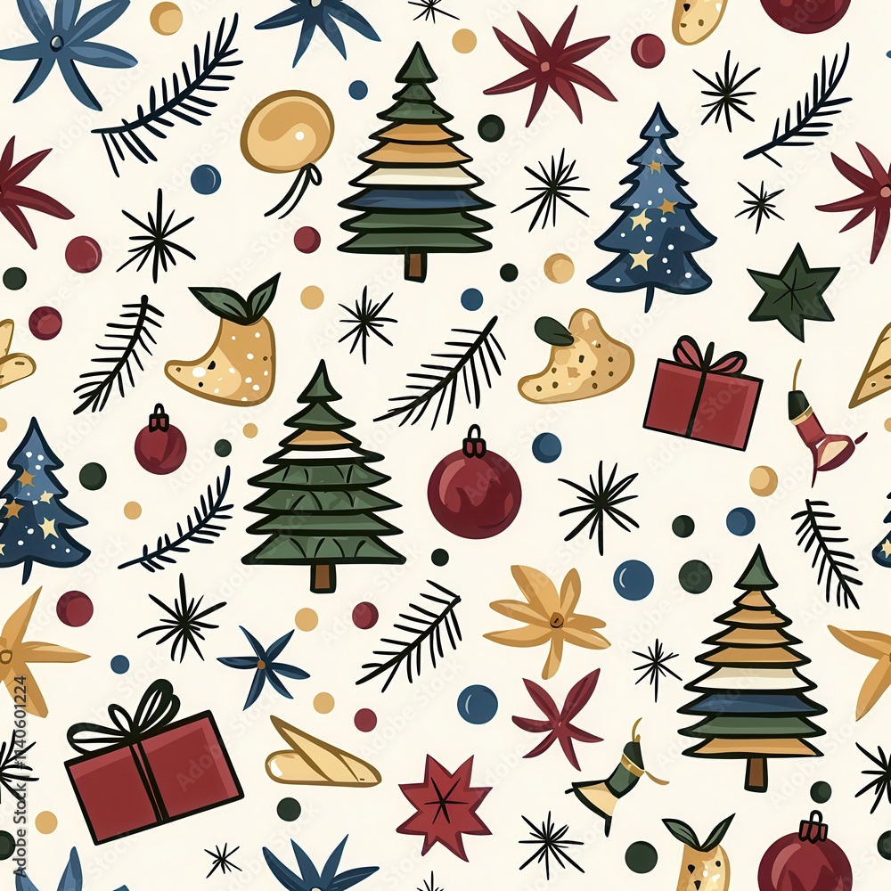 Gift wrap and christmas of Festive holiday pattern featuring Christmas trees, ornaments, and cheerful decorations. Gift wrap and christmas of Festive holiday pattern featuring Christmas trees, ornaments, and cheerful decorations.