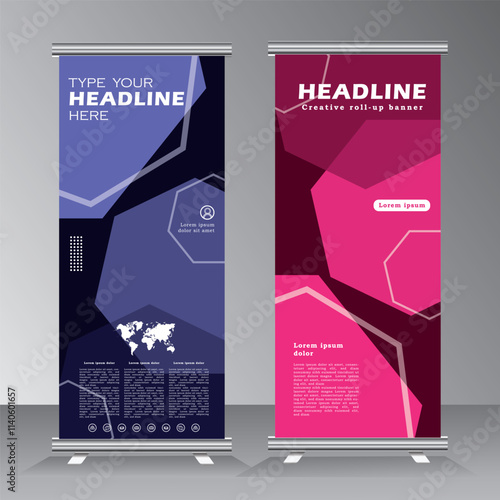 Roll up banner vertical template design for brochure, business, flyer, modern x-banner and flag-banner advertising. Template vertical roll up banner with purple and blue, Vector eps 10