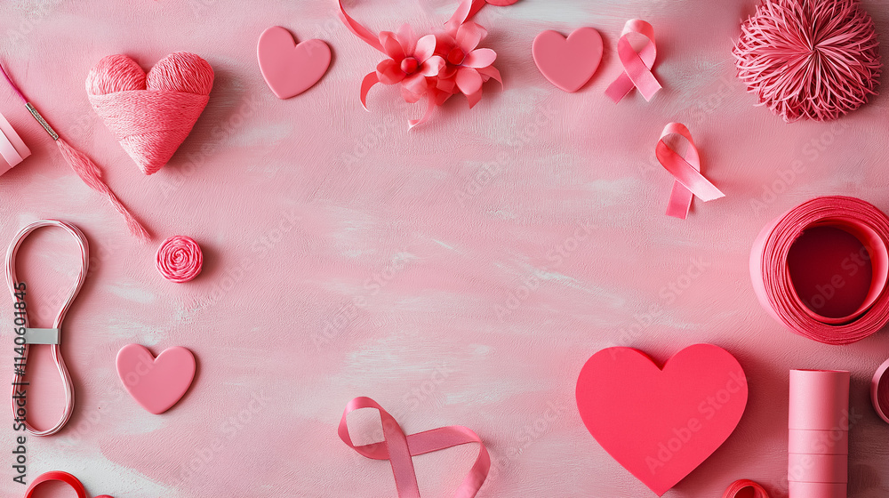 A flat lay composition of pink crafting materials and hearts, ideal for Valentine's Day themes. A flat lay composition of pink crafting materials and hearts, ideal for Valentine's Day themes.