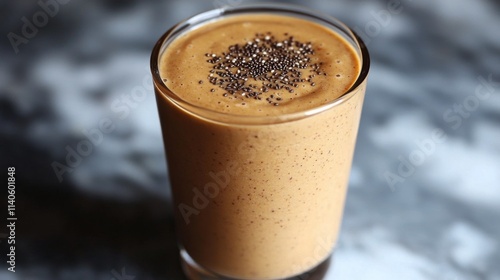 Refreshing smoothie with chia seeds topped on a marble table in a cozy kitche...