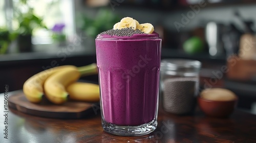 Refreshing smoothie with chia seeds topped on a marble table in a cozy kitche...