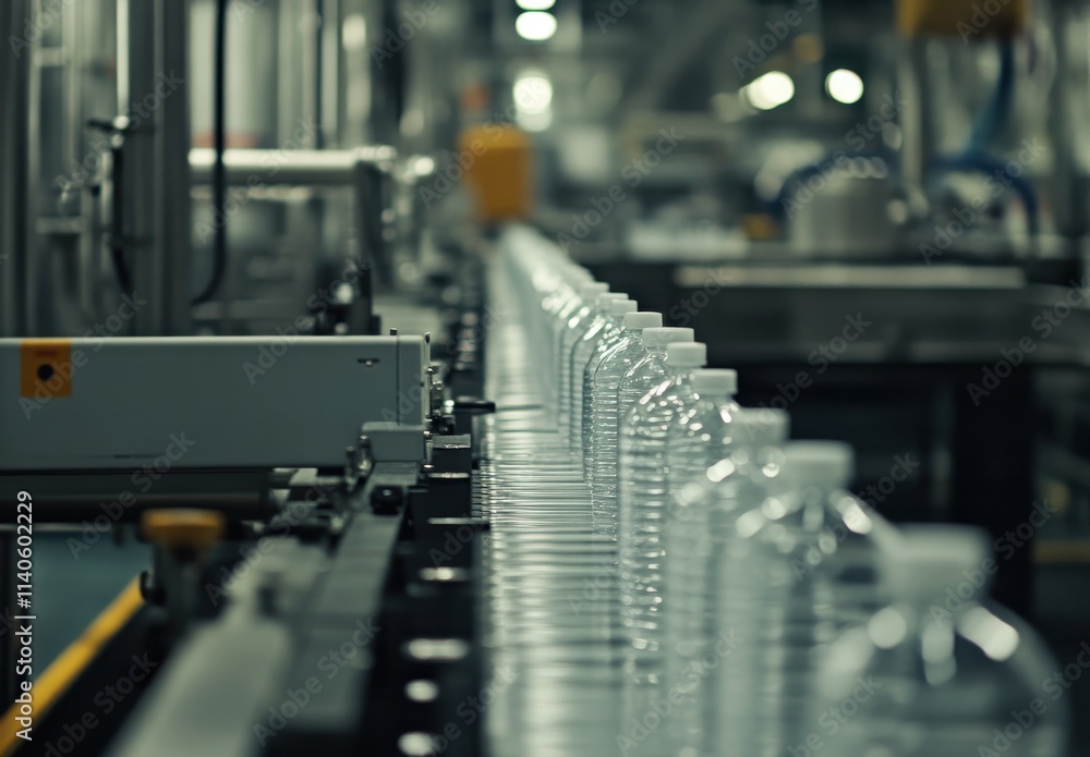 Industrial bottling line with water bottles on conveyor belt in modern factory showcasing automated production process and efficiency in beverage manufacturing Industrial bottling line with water bottles on conveyor belt in modern factory showcasing automated production process and efficiency in beverage manufacturing