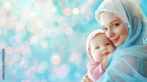 Portrait of mary holding baby jesus with a softly blurred background for creative use photo