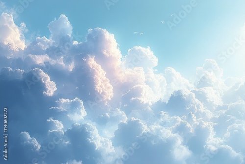 Soft fluffy clouds illuminated by the morning sun high above the horizon