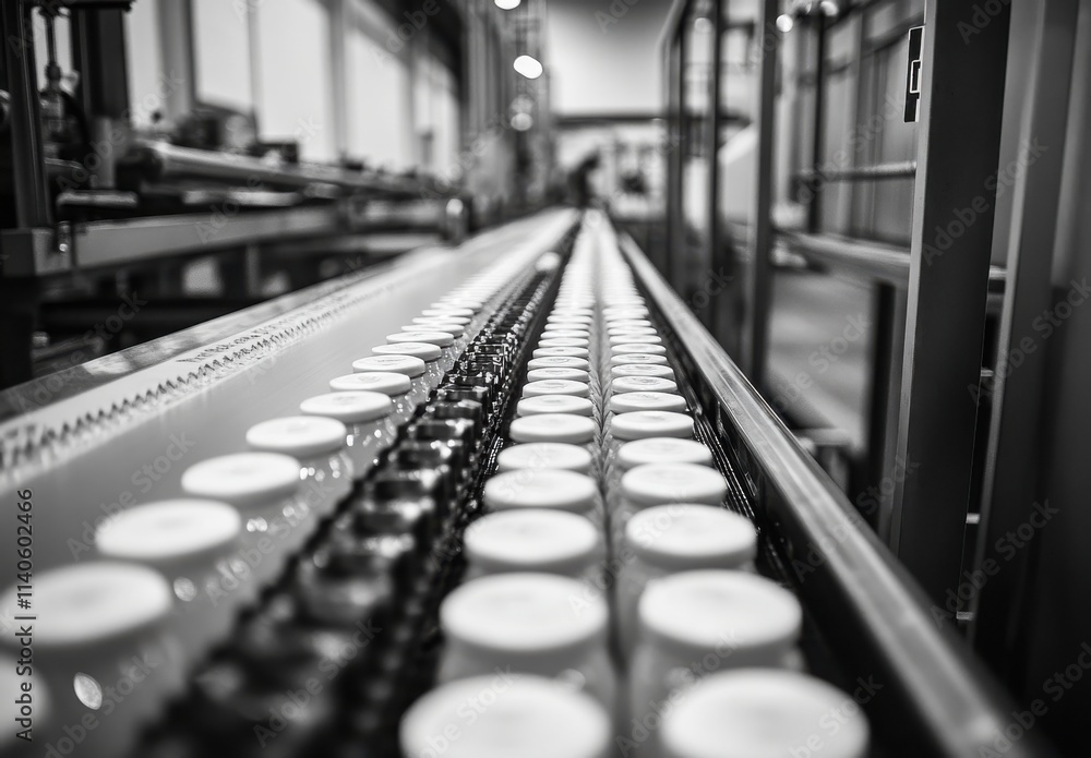 Fototapeta premium Industrial Production Line Focused on Bottles Arrange in Rows on Conveyor Belt, Depicting High-Tech Manufacturing Environment and Workflow Efficiency