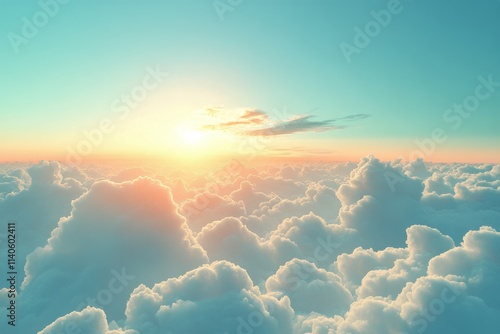 Soft fluffy clouds illuminated by the morning sun high above the horizon