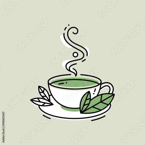 Linear cup of tea with green leaves. Vector illustration. 