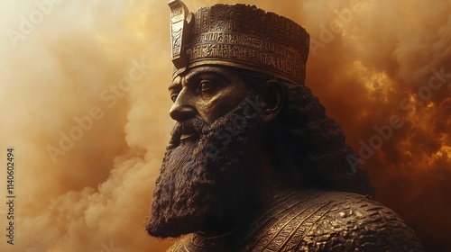 Majestic statue of gilgamesh emerging from golden smoke