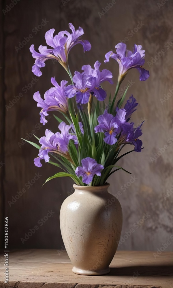 Lilac iris flowers in a distressed ceramic vase , rustic, lilac irises, distressed ceramic vase Lilac iris flowers in a distressed ceramic vase , rustic, lilac irises, distressed ceramic vase