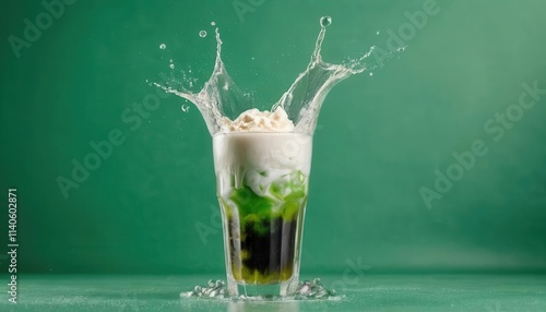Dirty soda, green soda and cream sweet and acide trendy cocktail drink, green background, copy space