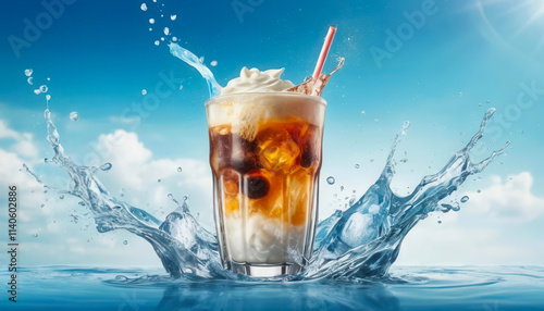 Dirty soda, soda and cream sweet and acide trendy cocktail drink, tropical blue background