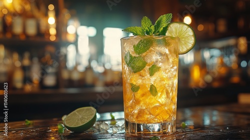 Refreshing cocktail with mint and lime served in a lively bar setting during ...