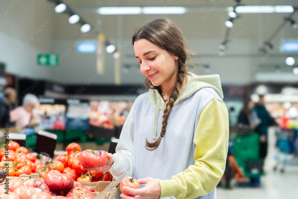 Woman selecting tomatoes in a bustling supermarket Woman selecting tomatoes in a bustling supermarket