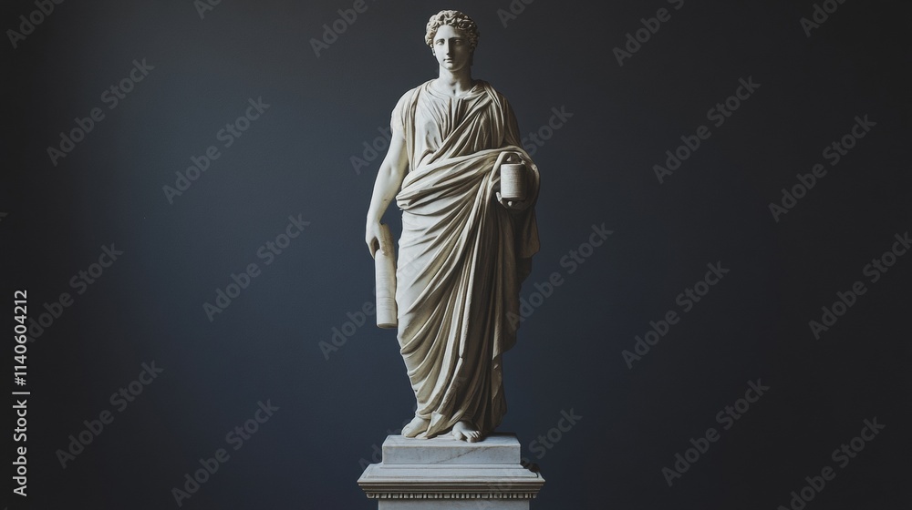 classical statue holding a scroll and a container on a gray background classical statue holding a scroll and a container on a gray background