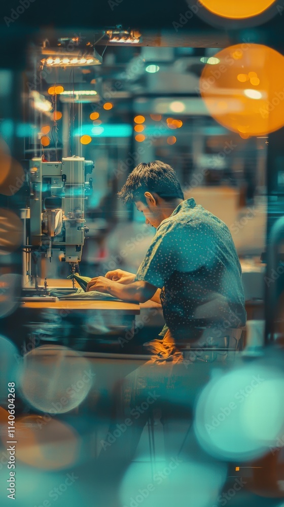 Craftsman sewing fabric at workbench workshop artistic process blurred bokeh light Craftsman sewing fabric at workbench workshop artistic process blurred bokeh light