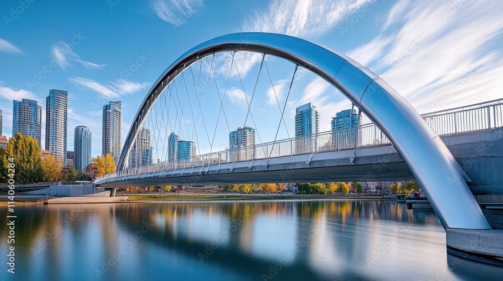 Fototapeta premium Modern bridge over calm water with cityscape urban landscape clear sky view