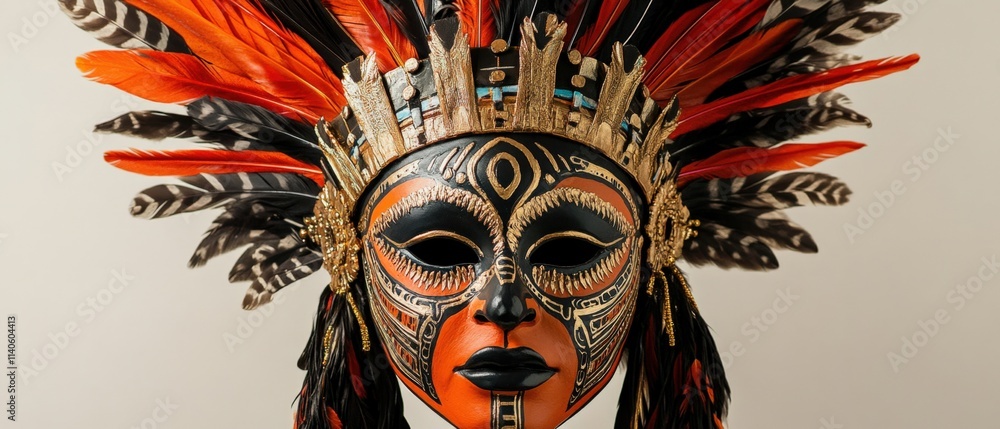 ornate mask with orange and black feathers ornate mask with orange and black feathers