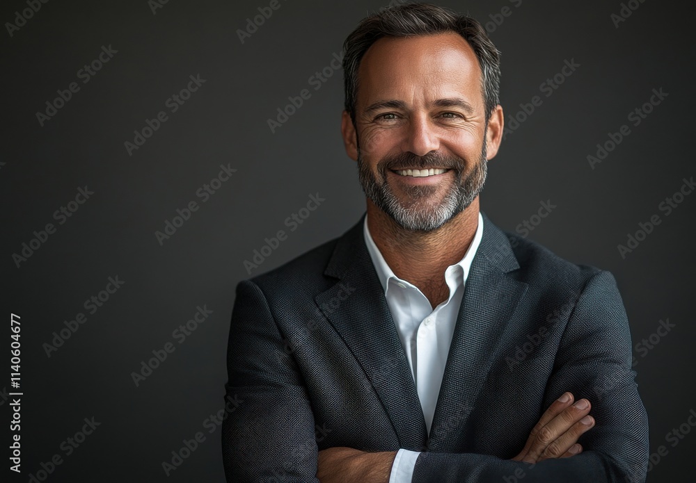 Professional businessman with a confident smile wearing a tailored suit, exuding charisma against a dark background in a corporate photography setting. Professional businessman with a confident smile wearing a tailored suit, exuding charisma against a dark background in a corporate photography setting.