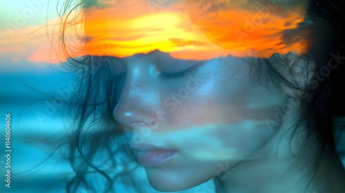 Wallpaper Mural woman practicing yoga, overlaid with an image of a tranquil sunset, representing mindfulness and balance. | [Women]:[mental health]  Torontodigital.ca