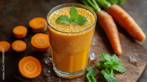 Fresh carrot juice with mint and whole carrots on wooden board in natural light