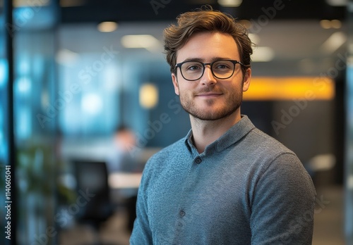 Professional Male Portrait in Modern Office Environment with Soft Lighting and Casual Business Attire, Featuring Warm Smile and Stylish Glasses