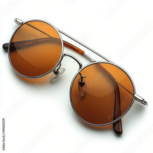 Stylish round sunglasses with amber lenses resting on a white surface in brig...