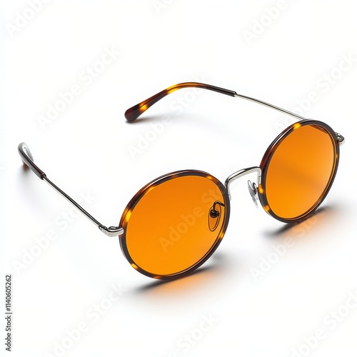 Stylish round sunglasses with amber lenses resting on a white surface in brig...
