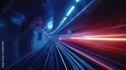 A high-speed train passing through a tunnel, with bright lights illuminating the interior as it moves at full speed