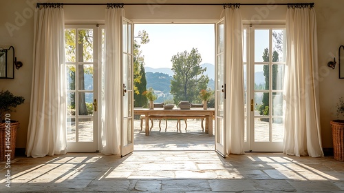 Double French doors with ornate brass handles, leading to a sunlit dining area with a rustic stone floor, a long dining table, and soft white drapes framing the space. Elegant, warm, photo