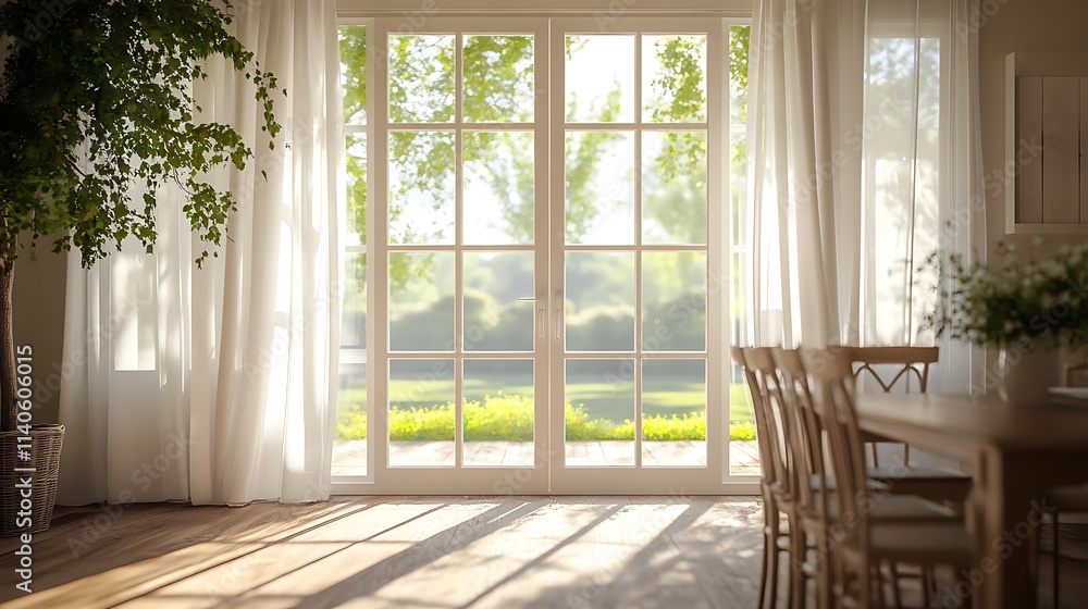 Elegant white double French doors with glass panes, opening into a sunlit dining room featuring a polished wooden table, high-backed chairs, and sheer curtains gently swaying in the breeze. Bright, Elegant white double French doors with glass panes, opening into a sunlit dining room featuring a polished wooden table, high-backed chairs, and sheer curtains gently swaying in the breeze. Bright,