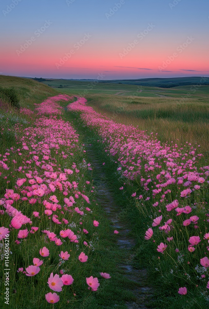Fototapeta premium Serene Pathway Surrounded by Pink Wildflowers at Dusk Beneath a Soft Gradient Sky, Perfect for Nature and Landscape Photography Enthusiasts