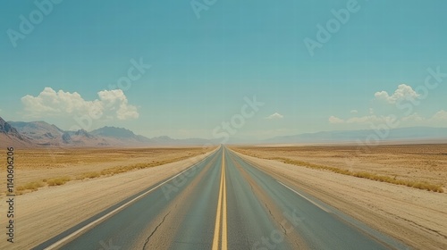 Long stretch of highway through expansive desert landscape under blue sky