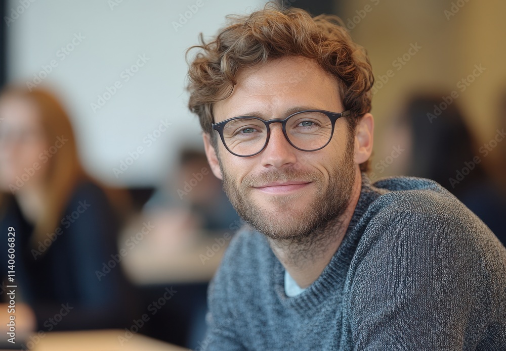 Smiling Young Man with Curly Hair and Glasses in Casual Sweater, Engaging in a Bright and Modern Workspace with Colleagues in the Background Smiling Young Man with Curly Hair and Glasses in Casual Sweater, Engaging in a Bright and Modern Workspace with Colleagues in the Background