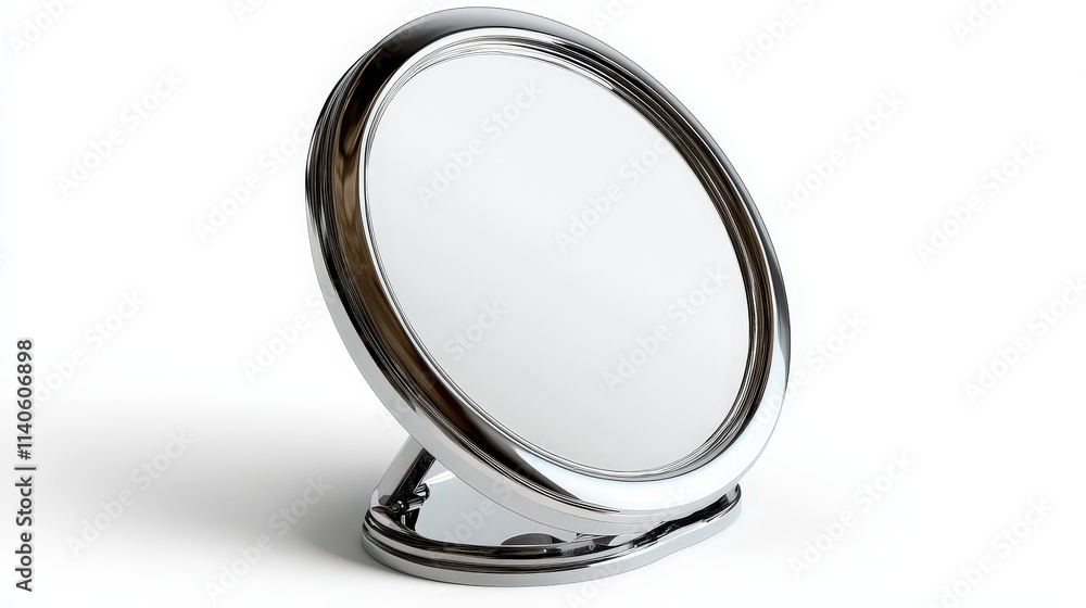 Sleek round metal makeup mirror with stand on white background Sleek round metal makeup mirror with stand on white background