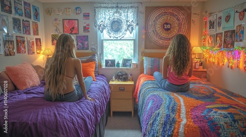 Two students sit quietly in their university dorm room, reflecting on their day