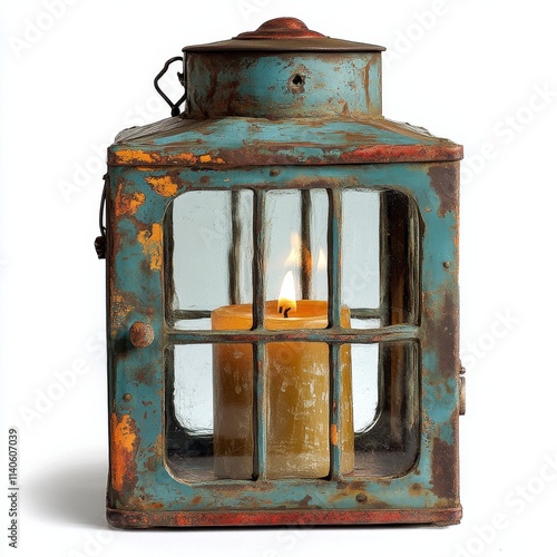 Vintage lantern with a lit candle inside, displaying rustic charm and warm light