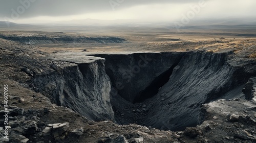 A deep trench forms as a result of a crustal imbalance, where one plate sinks beneath another, creating a powerful geological divide in the landscape