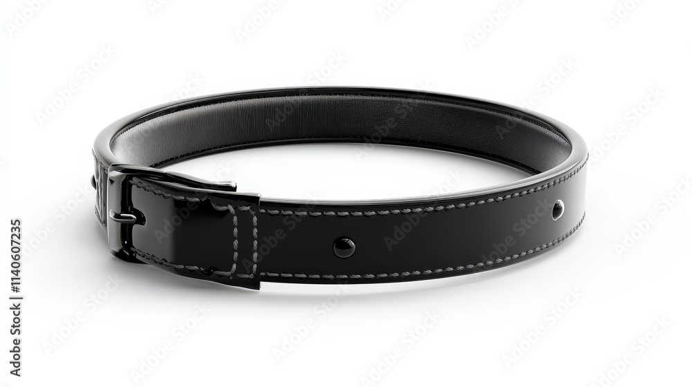Minimalist black leather belt with white stitching on plain background Minimalist black leather belt with white stitching on plain background