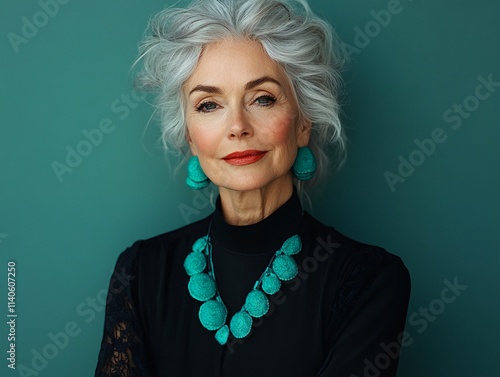 Portrait of an older woman with grey hair, wearing black clothing and turquoise jewelry. photo