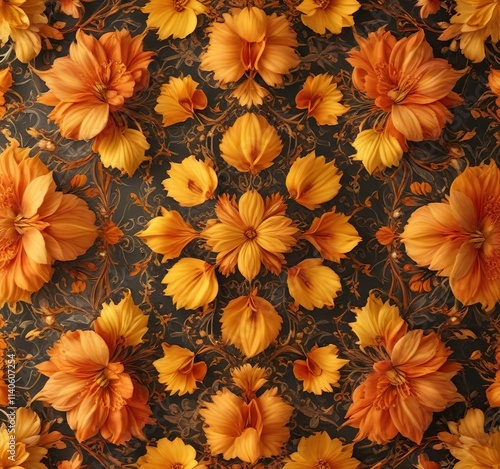 Orange and yellow petals intertwined in a intricate floral pattern , arrangement, flower, intertwined