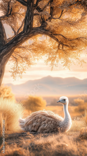 An ostrich sitting under a tree in the shade, its feathers detailed with soft textures, warm golden hour light casting long shadows, natural habitat with dry grass and open landscape in the background photo