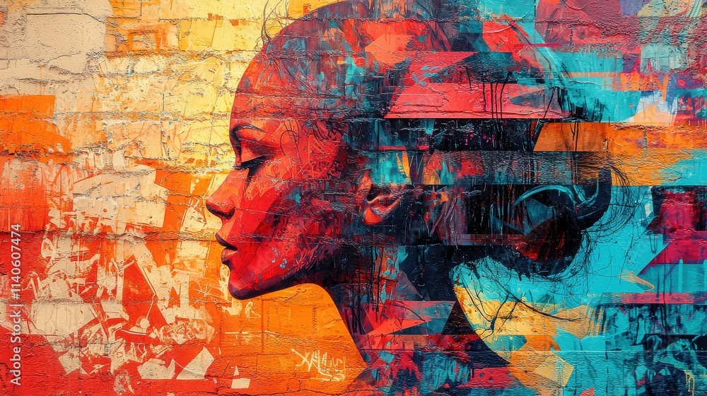Fototapeta premium Vibrant digital street art double exposure profile in a colorful urban setting