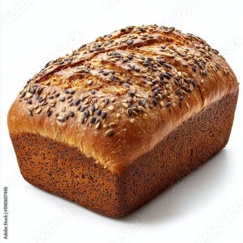 Freshly baked loaf of bread with sesame and poppy seeds on top in a warm gold...